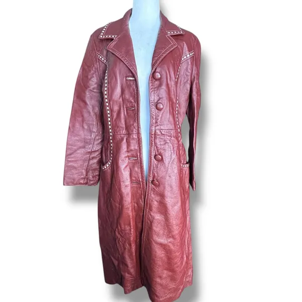 Vintage 70s Burgundy Leather Longline Trench Coat White Whipstitch Western Ranch - Image 3