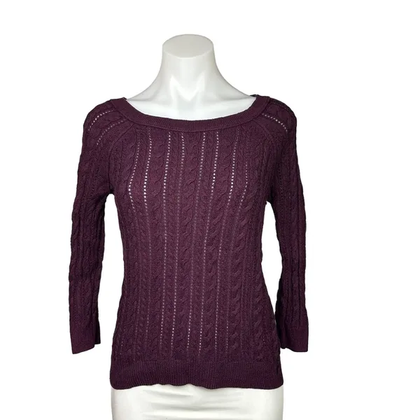 American Eagle Y2K Maroon Red Crochet Cable Knit Long Sleeve Sweater Top XS - Image 2