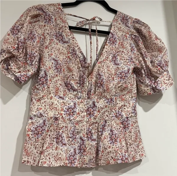 J.Crew Floral Puff Sleeve Peplum Blouse XS - Image 3
