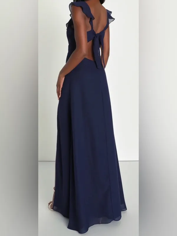 Lulu's Sweetest Entrance Deep Navy BlueRuffled Shoulder Tie-back Maxi Dress - Image 2