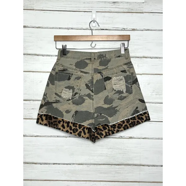 POL Camo Leopard Denim Shorts Size S Distressed Raw Hem Mixed Print Boho Shorts - Image 3