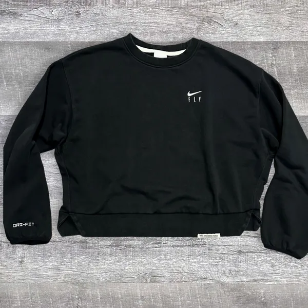 Nike Dri Fit Swoosh Fly Graphic Boxy Sweatshirt Womens S Black Loose Fit Crop - Image 4