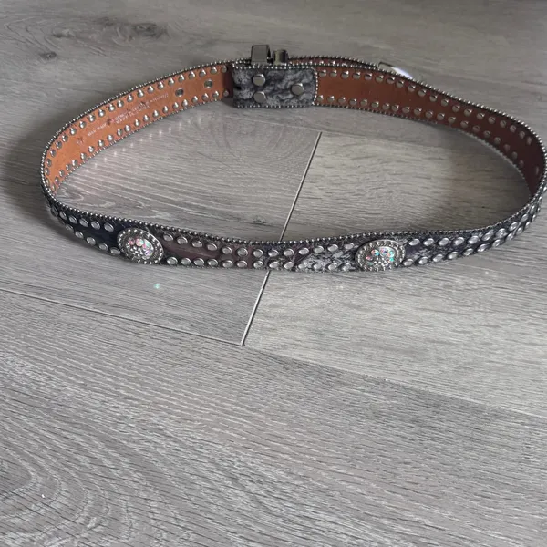 Blazin‎ Roxx Womens Western Snakeskin Rhinestone Studded Leather Belt Grey M - Image 2