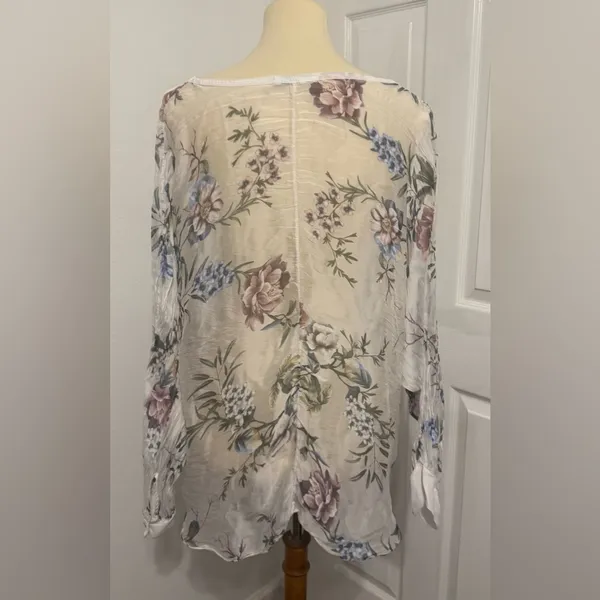Tempo Paris Silk Blend Floral Boho Blouse Ivory Sheer Button Front Twist Hem Lrg - Image 3