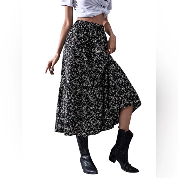 Catch Stitch Floral Print High Waist Frill A Line Flared Long Black Skirt M - Image 2
