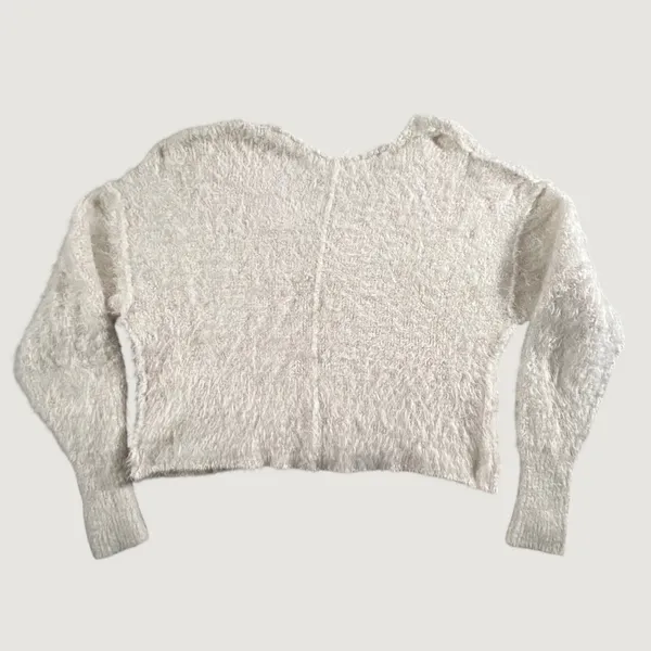Free People Sweater XS Ivory Eyelash Knit Fuzzy Cropped v Neck Sweater Relaxed - Image 3
