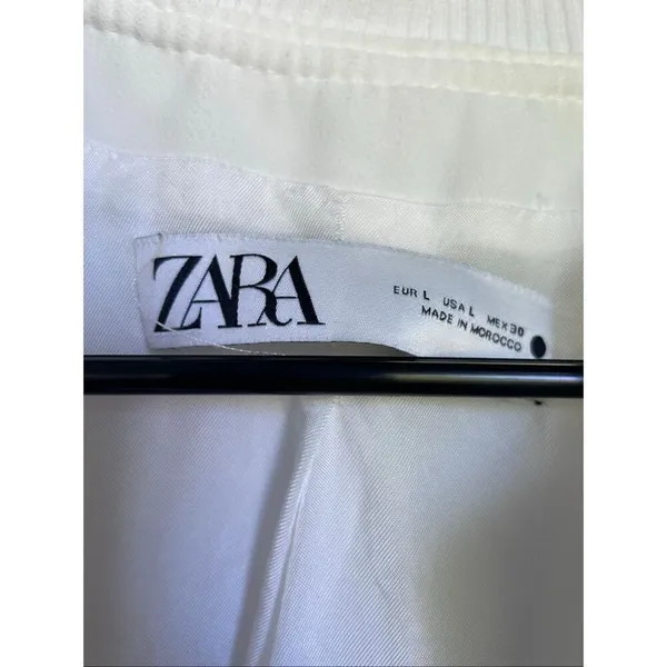 Zara Cream Linen Blend Snap Button Mock Neck Cropped Bomber Varsity Jacket L - Image 6