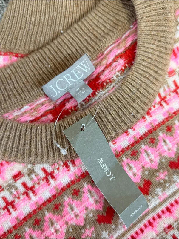 NWT J. Crew Shrunken Fair Isle Crewneck Sweater Lambswool Blend in Pink Brown M - Image 7