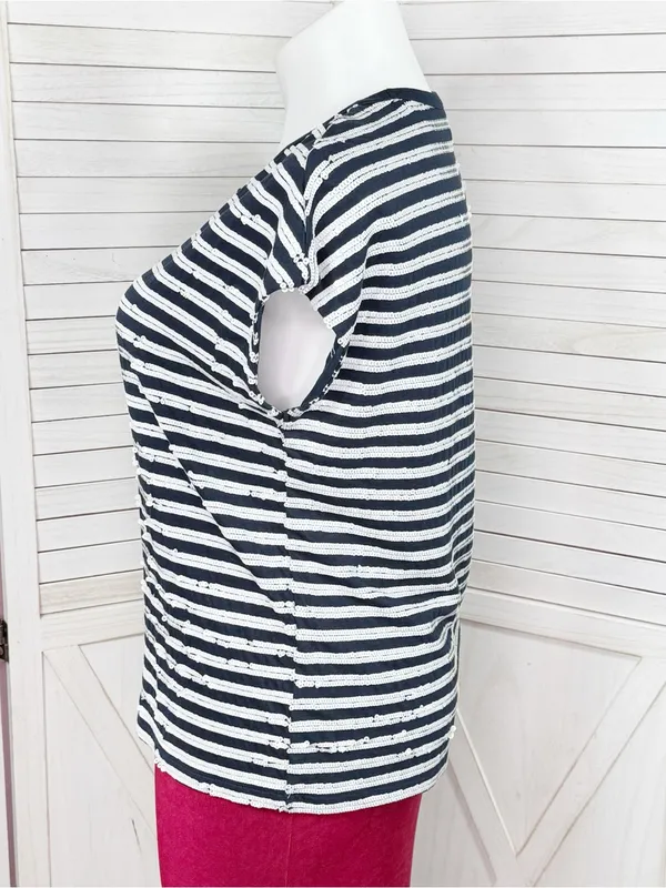 Lauren Ralph Lauren Sequin Striped Cap Sleeve Top Blue White Large Nautical - Image 2