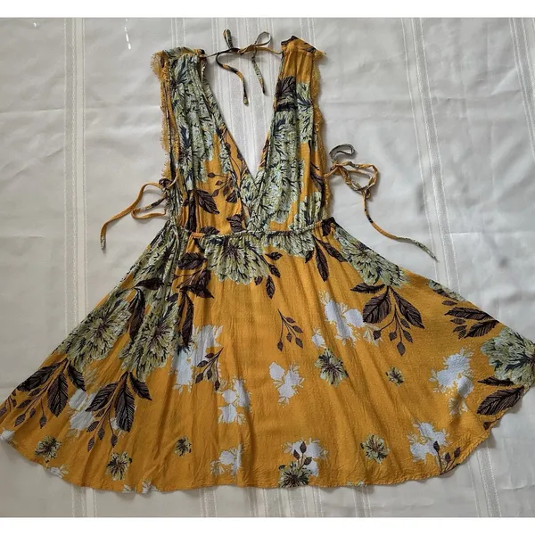Free People "Marnie" Golden Yellow Floral Short Dress Size S Rayon Boho Floral. - Image 13