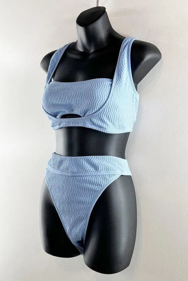 Cupshe Sporty Lace-Up Back Bikini Bralette Mid-Rise Bottoms Set Blue Large - Image 9