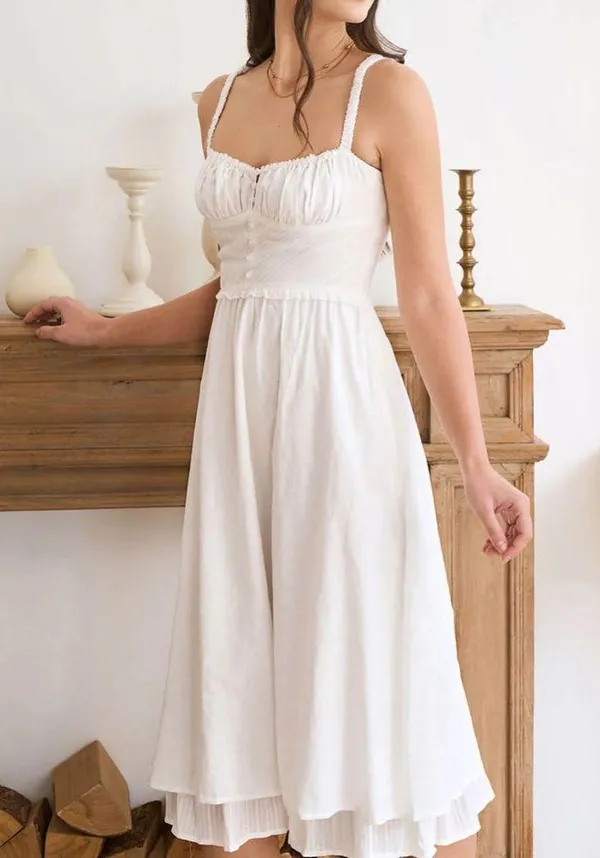 Rihoas White Ruched Slip Cotton Midi Dress - Image 3