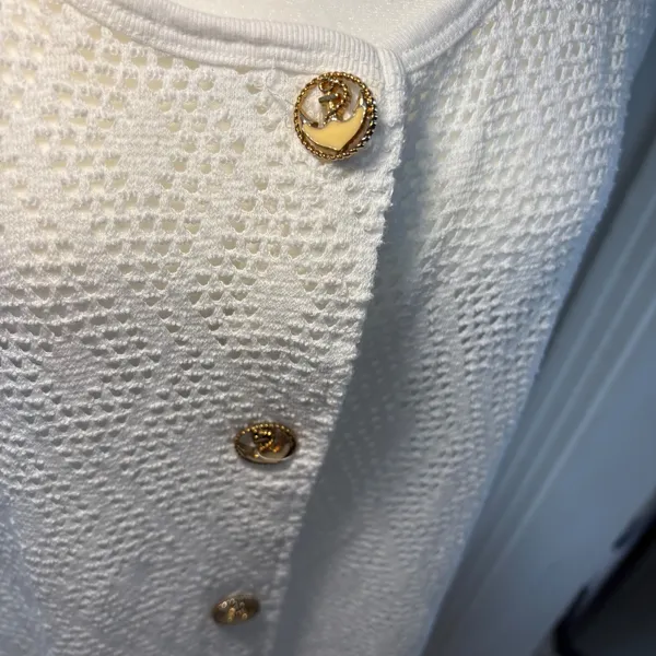 VTG White Crochet Button Up‎ Beach Cover Up Top Anchor Gold Buttons L-XL Resort - Image 2