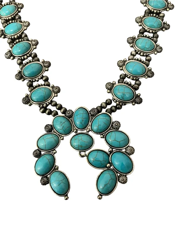 Faux Turquoise Squash Blossom Necklace & Earrings Jewelry Set 3 Pieces Southwest - Image 2