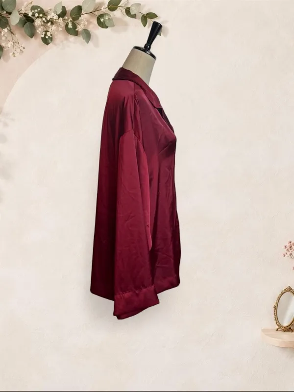 H&M Satin Button-Down Shirt in Wine - Image 5