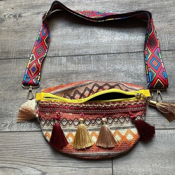 Bohemian Multicolored Tassel Pattern Hobo Sling Bag Brown - Image 12