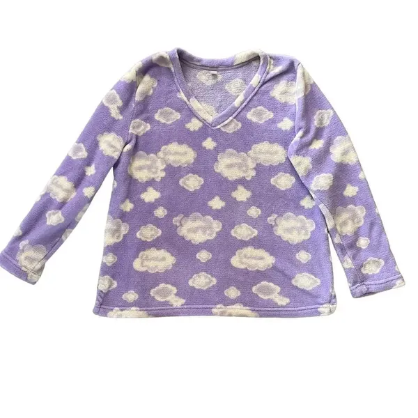 Victoria's Secret Pink Women's XL Lavender‎ Cloud Print V-Neck Fleece Pajama Set - Image 3
