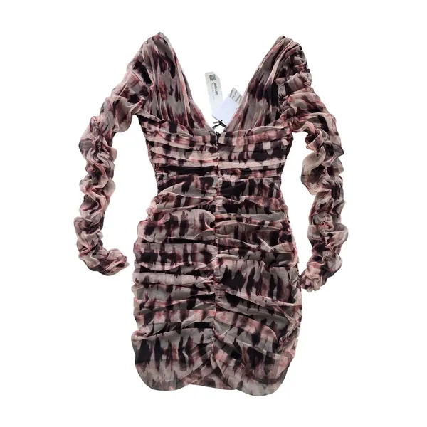 Zara NWT Brown Ruched Tulle Mesh Tie‎ Dye V-Neck Mini Dress Long Sleeve Small - Image 4