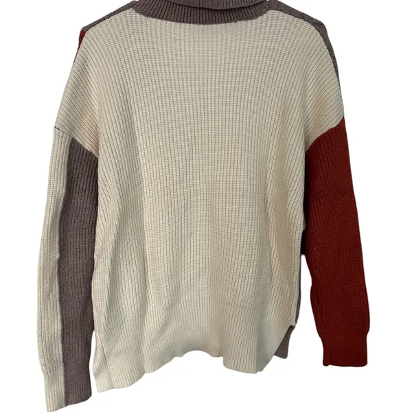 C+D+M Womens M Cream Colorblock Cable Knit Tunic Sweater Turtleneck Long Sleeve - Image 3