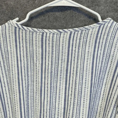 BRIGGS Linen Blend Midi Dress L Blue Striped Flutter Sleeve Belted NWT Coastal - Image 14
