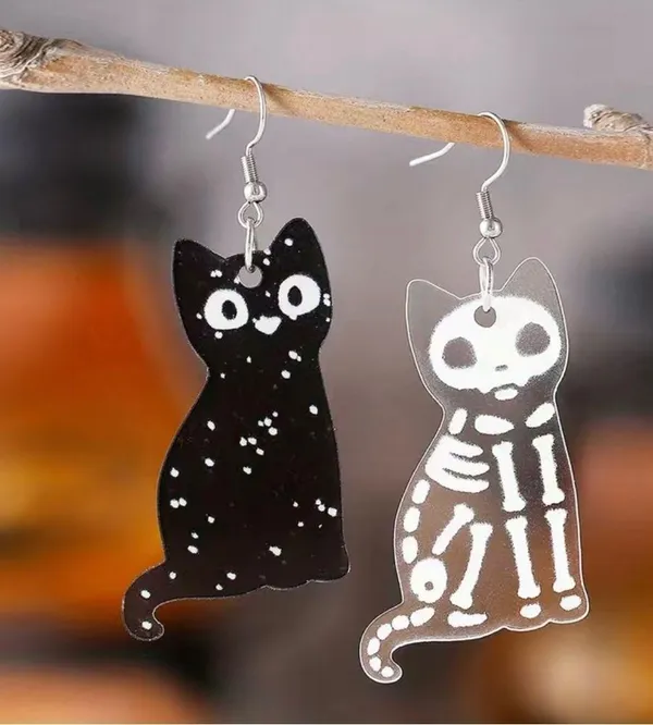 Acrylic Ear Jewelry Black Cat & White Cat Skeleton Design Asymmetric Earrings Re - Image 3