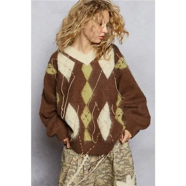 POL V-Neck Argyle Pattern Mohair Sweater with‎ Contrast Exposed Stitch Detail - Image 10