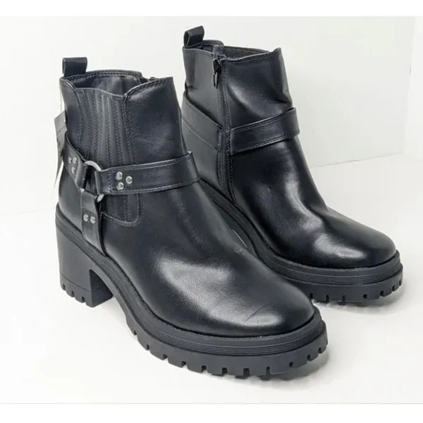 Sincerely Jules Dolphin Moto Ankle Boots Womens 8 Black Harness‎ Lug Sole Biker - Image 2