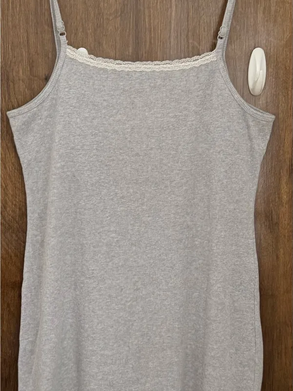Aerie Lace-Trim Gray ribbed Camisole Slip tank dress, size XL cotton casual - Image 2