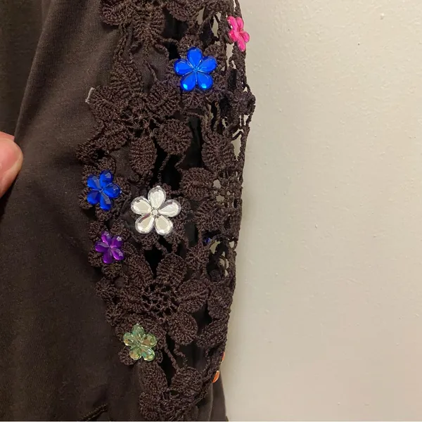 New York Laundry Womens Sheer Top Blouse XL Brown Lace Sleeves Jeweled Flowers - Image 4