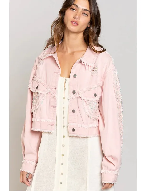POL Pink Blush Denim Jacket with Sequin Lace Sleeves & Raw Hem - Sz L - Image 10