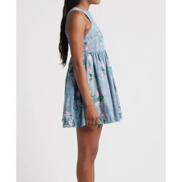 Sister Jane Azul Blue Denim Sequin Floral Minidress NWT Size S - Image 3