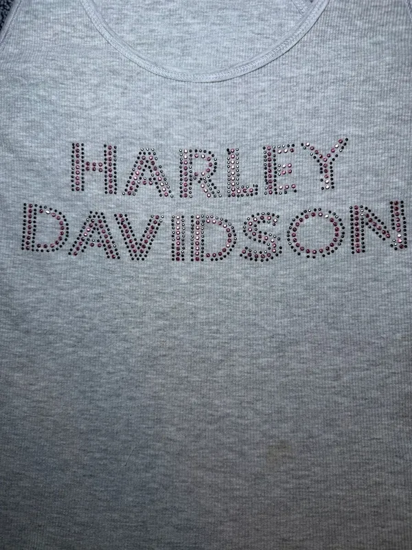 Harley Davidson Tank Top Womens 1XL Gray Rhinestone Logo Racerback Y2K - Image 4