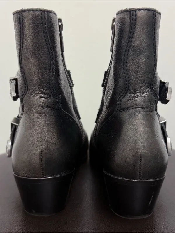 Frye Dark Pewter Leather Ellen Buckles Pointed Toe Block Heel Ankle Boots 7.5 M - Image 8