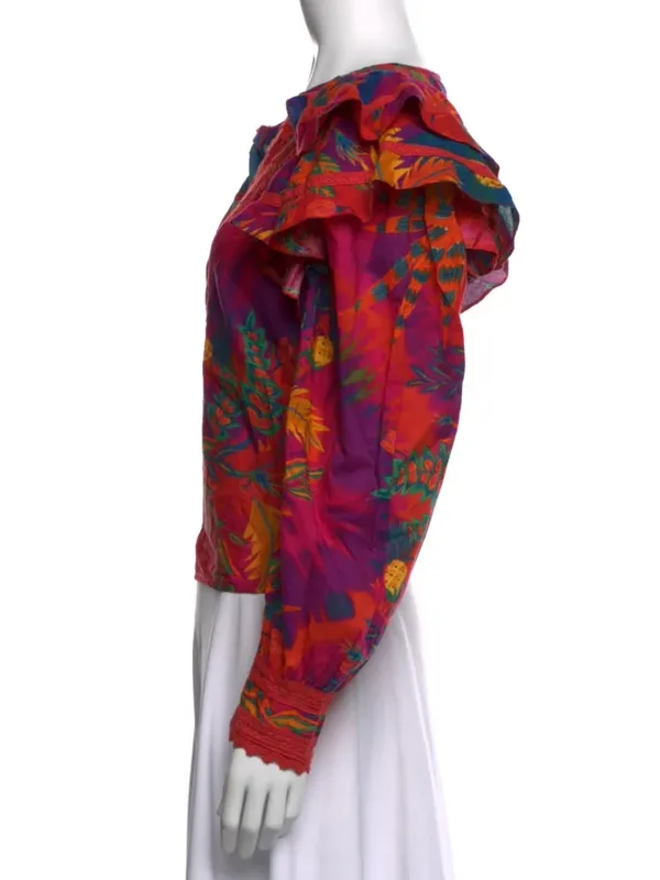 FARM Rio Red Pink Orange Floral Ruffled Puff-Sleeve Blouse - Image 2