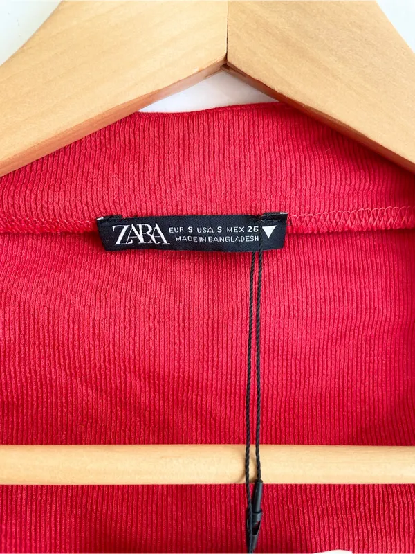 Zara Y2K Cotton Square Neck Ribbed Long Sleeve Top Red Orange Size S Stretch - Image 3