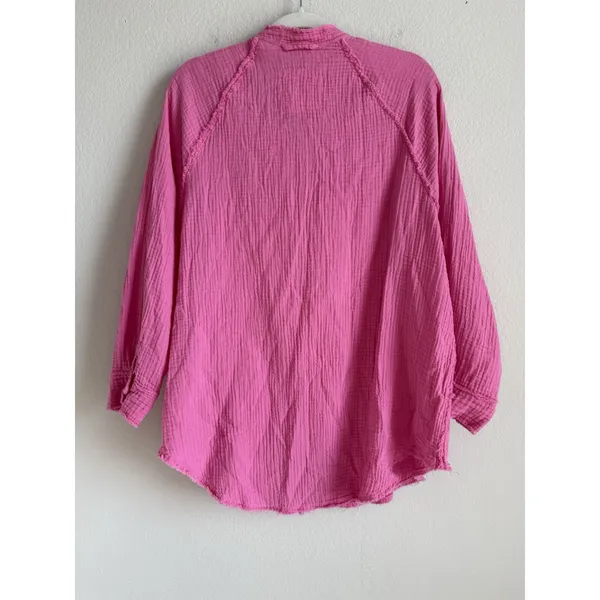 Aerie Oversize Women's XS Pool To Party Hot Pink Gauze Cover‎ Up Button Up Shirt - Image 8