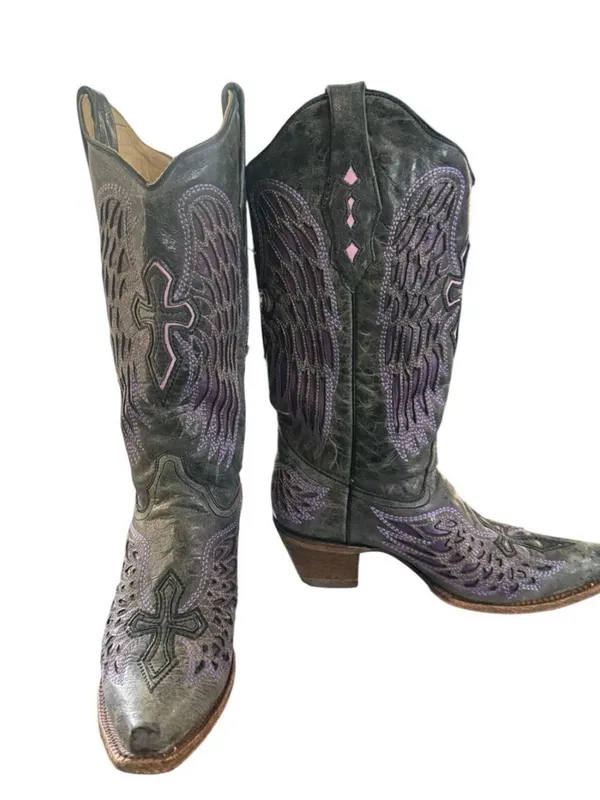 Corral Boots Women's Distressed Black Winged Cross Purple Inlay Boots Size 9 - Image 8