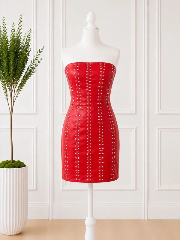 Steps NY Red Studded Faux Leather Strapless Mini Dress Size Large - Image 4
