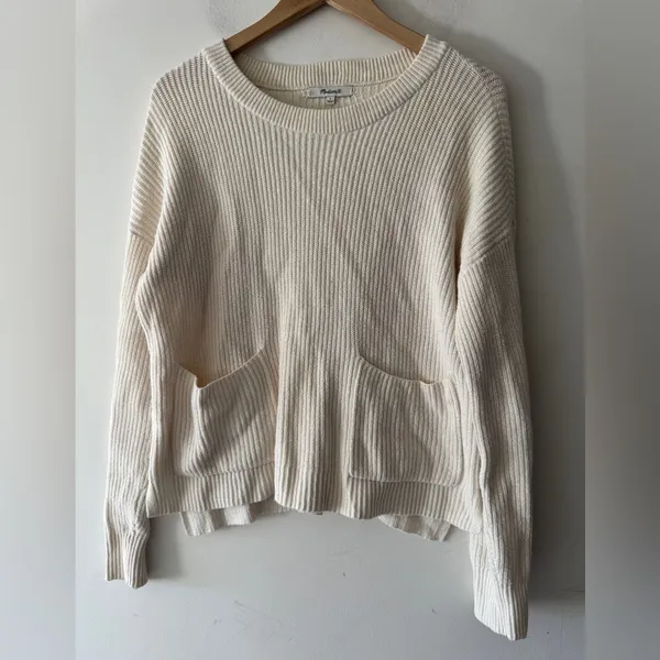Madewell Bright‎ Ivory Knit Patch Pocket Pullover Sweater J8782 - Image 2