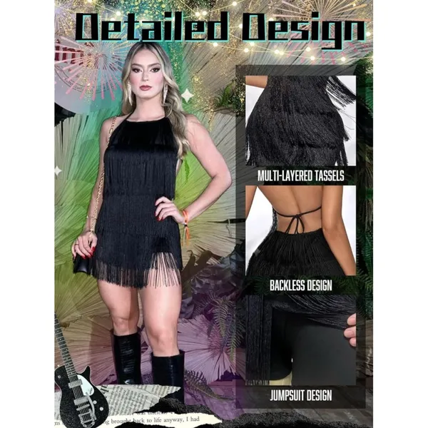 NWT Ella Lust Black Fringe Halter Backless Mini Dress Jumpsuit - Medium - Image 3