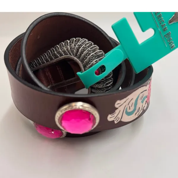 American Bison Leather Belt Medium 35 Brown Pink Rhinestone Western NWT - Image 4