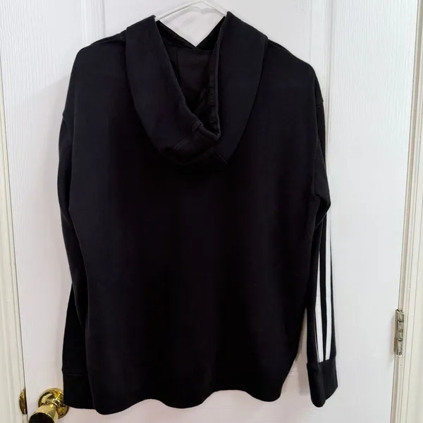 Adidas black striped sleeve pullover cotton hooded sweatshirt casual lounge L - Image 6