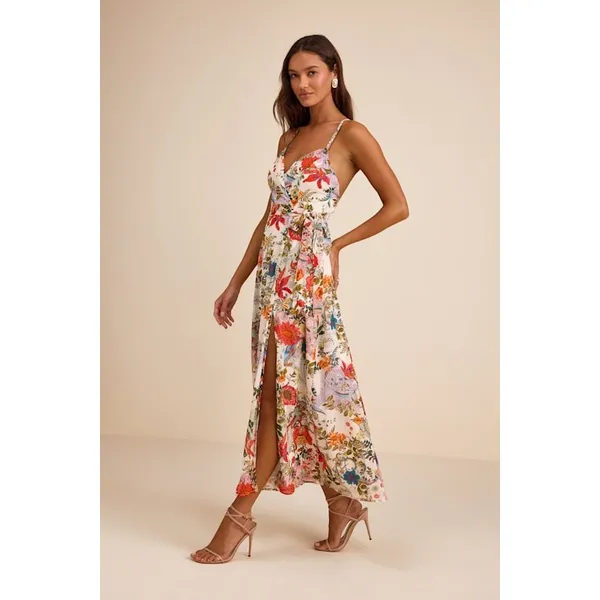 Lulus Amara White Multi Paisley Print Wrap Midi Dress Cocktail Resort XL NWT - Image 4