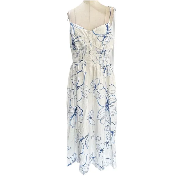 Gap Linen-Blend Smocked Corset Midi Dress Blue & White Floral Size Medium - Image 16