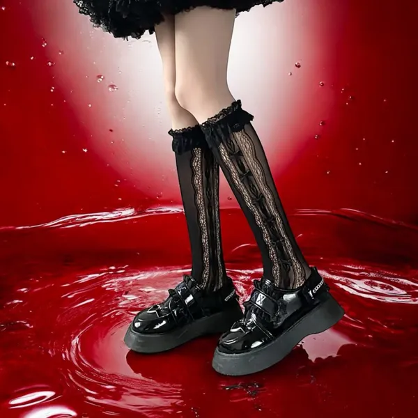 Retro Vintage Style Bow Accent Knee High Socks Flirty Ruffle Trim Soft Lace Calf - Image 3