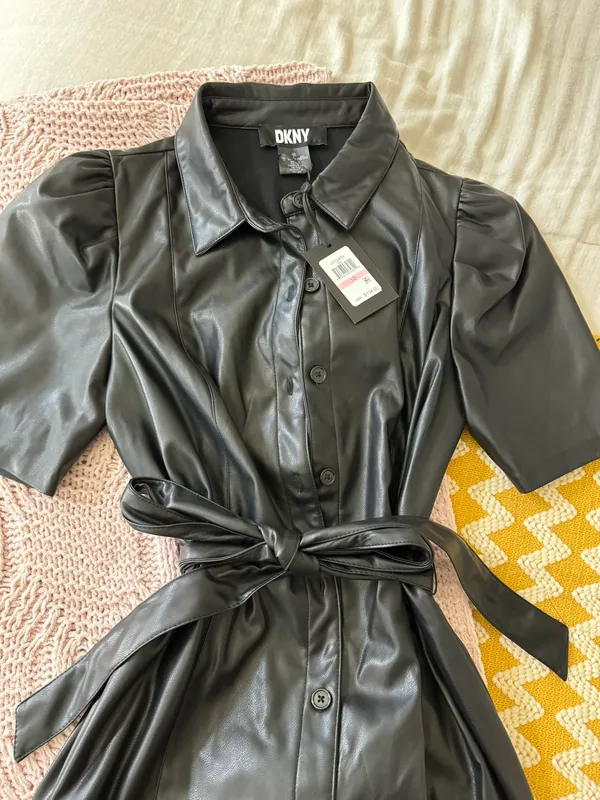 DKNY Black Pleather Button Up Collared Dress - Image 5