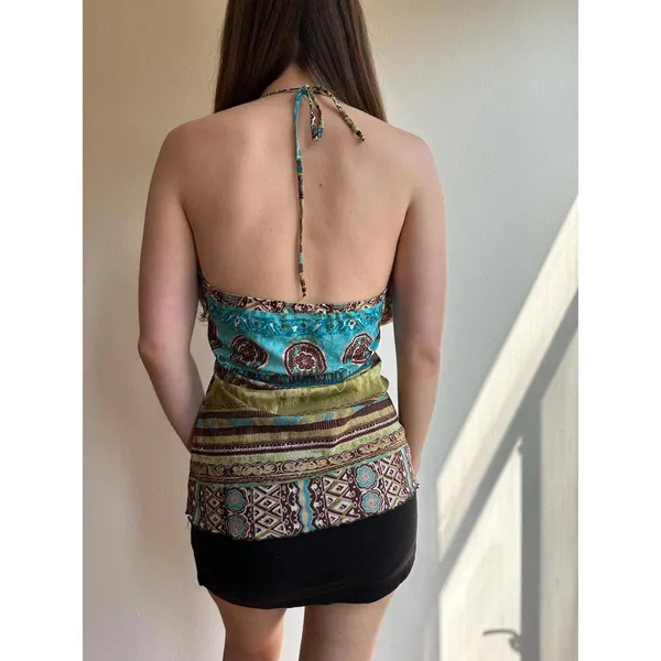 Printed Vintage Graphic Blue and Green Halter Top‎ - Image 6