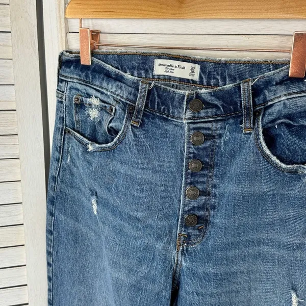 Abercrombie & Fitch Mom Jeans Women Size 10 Blue High Rise Distressed Button Fly - Image 4