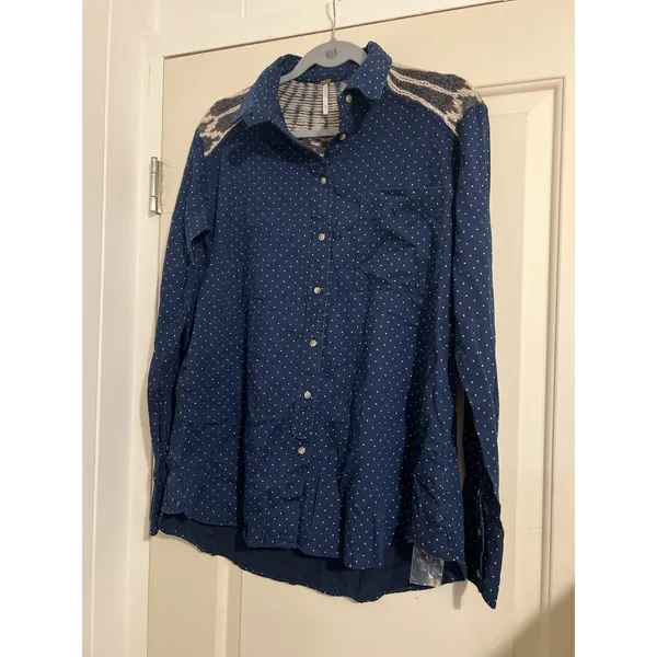 Free People Blue Polka Dot Western Button Down Festival Long Sleeve Flannel‎ Top - Image 6