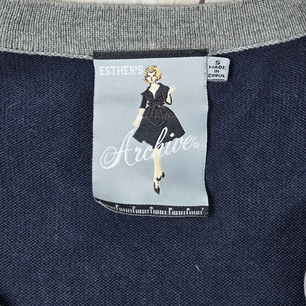 Esther's Archive‎ Navy Blue Cotton Cashmere Ruffle Bow Cardigan Sweater Small - Image 4